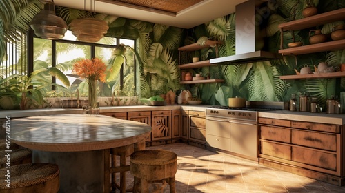 A tropical paradise kitchen with palm leaf wallpaper and natural textures