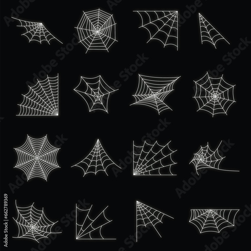 Web spider cobweb icons set. Outline illustration of 16 web spider cobweb vector icons neon color on black