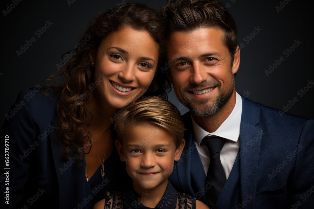 Happy family studio portrait on dark background