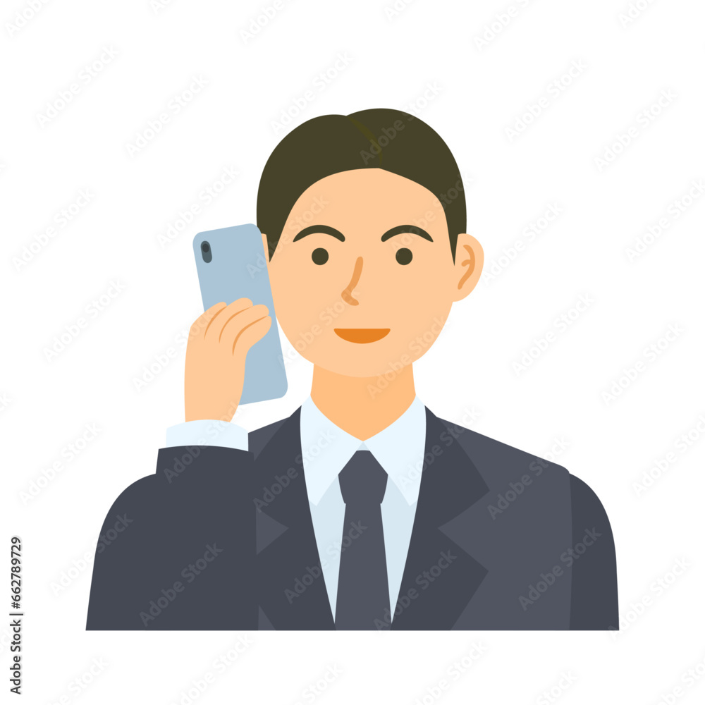 スマートフォンで電話する男性会社員。フラットなベクターイラスト。 A male office worker making a phone call on a smartphone. Flat designed vector illustration.