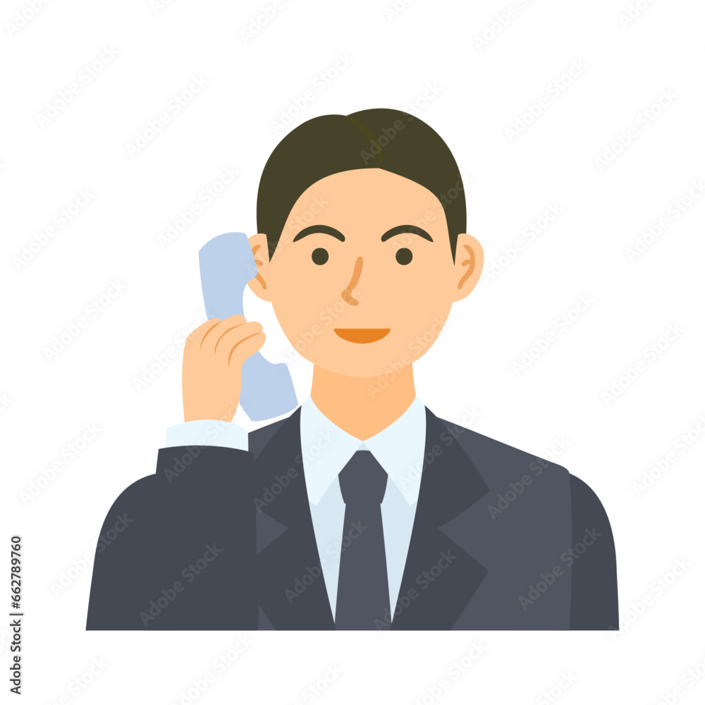 © nagamushi studio - 受話器で電話する男性会社員。フラットなベクターイラスト。 A male office worker talking on the receiver of a telephone. Flat designed vector illustration.