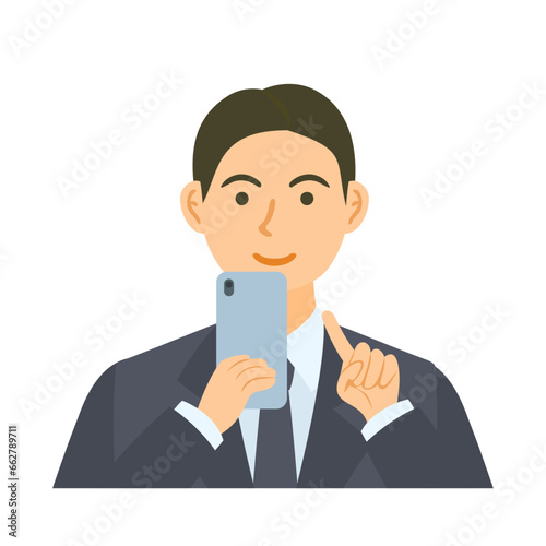 スマートフォンを操作する男性会社員。フラットなベクターイラスト。A male office worker operating a smartphone. Flat designed vector illustration.