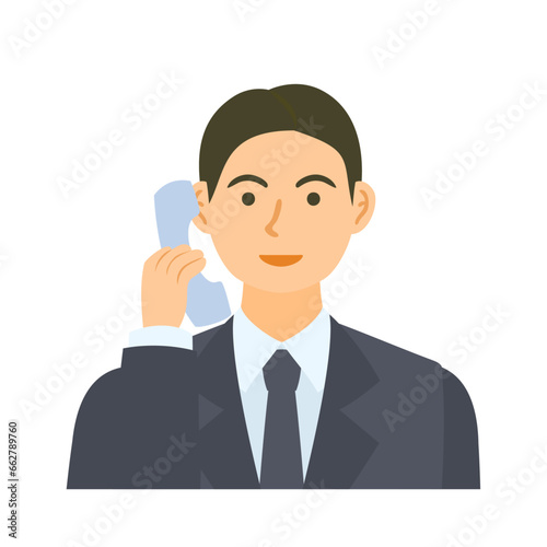 受話器で電話する男性会社員。フラットなベクターイラスト。 A male office worker talking on the receiver of a telephone. Flat designed vector illustration.