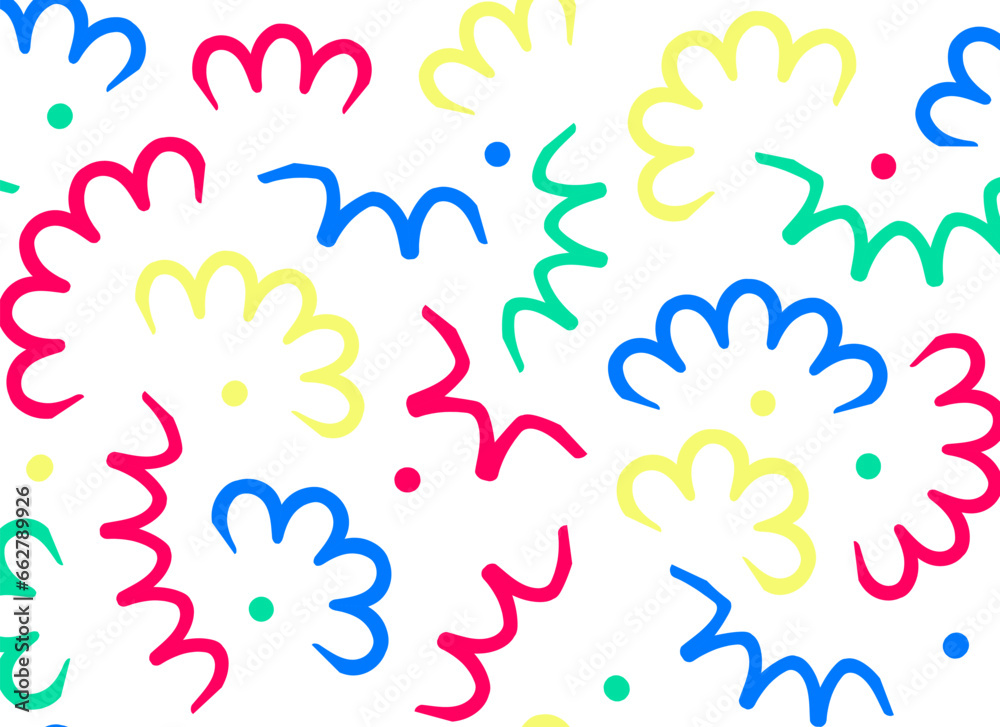 doodle pattern with colorful abstract squiggles, triangle wavy scribble spiral  lines. retro 80s memphis style. Chaotic ink brush scribbles.