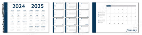 Vector calendar for 2024 in minimalist style. Corporate and business calendar in blue color. The week starts on Sunday.