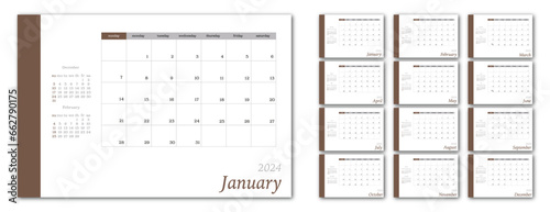 Vector calendar for 2024 in minimalist style. Corporate and business calendar in brown color. The week starts on Sunday.