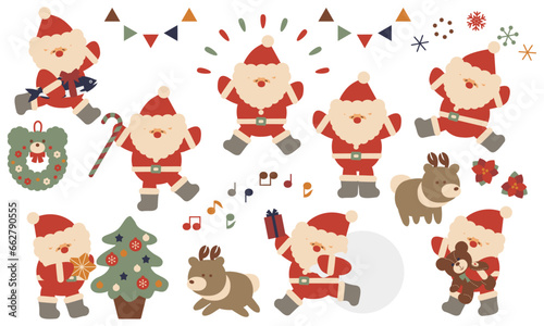 サンタとトナカイのクリスマスイラストセット3レトロカラー