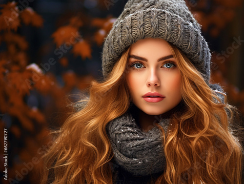 Beautiful lady wearing winter clothes portrait - ai generative