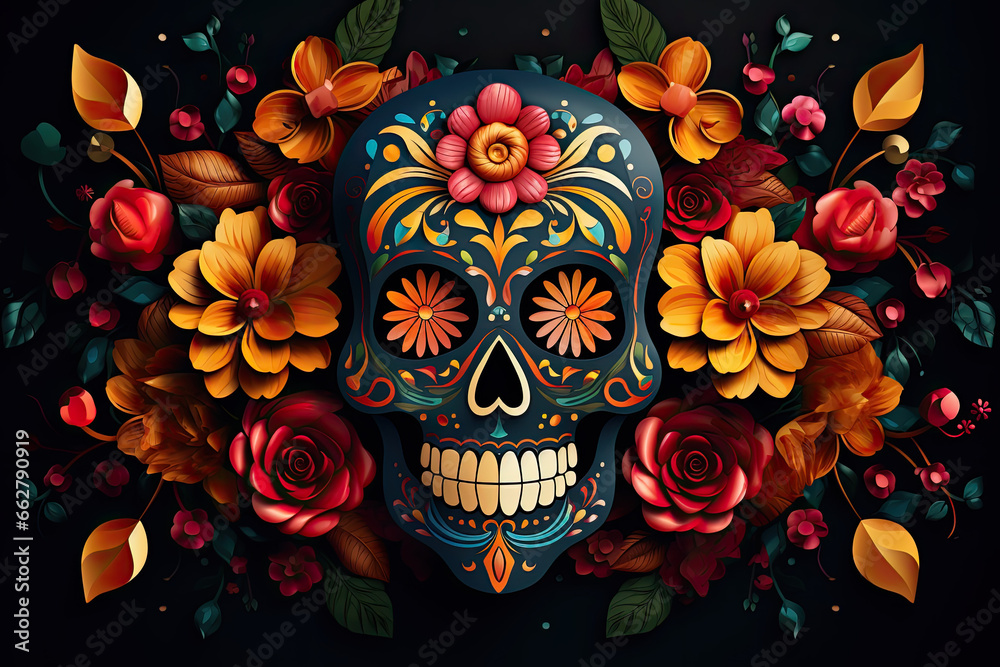 Mexico's Day of the Dead Celebration (dia de los muertos) (day of dead) Vibrant magic Day of the Dead black background / Colorful mexican decorative sugar skull Mexico's Day of the Dead Celebration (dia de los muertos) (day of dead) Vibrant magic Day of the Dead black background / Colorful mexican decorative sugar skull