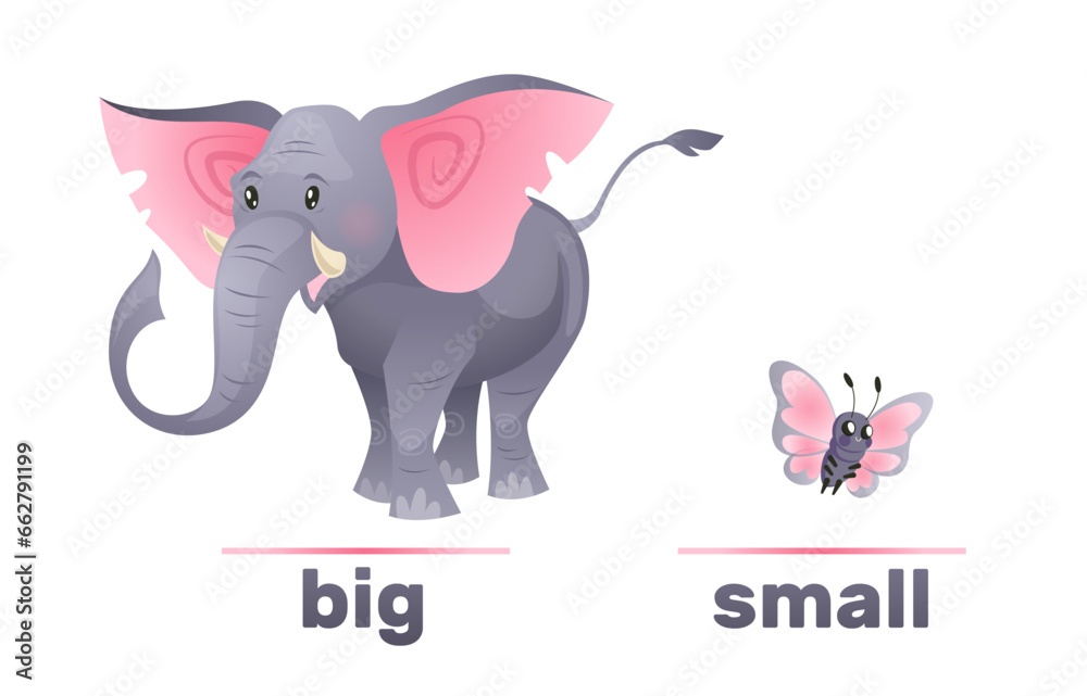 Naklejka premium Antonyms and opposites, big and small. Elephant and butterfly. English language vocabulary, educational card for kids. Card with picture and text. Cartoon flat isolated vector concept