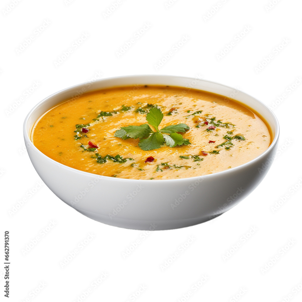 pumpkin soup with greenery isolated on white background, ai generated