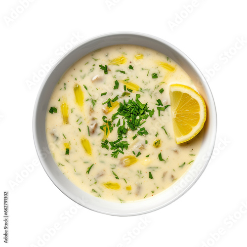 egg and lemon soup top view isolated on white background, ai generated