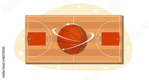 Basket ball on background of basketball court, top view. Empty hall field to play team game. Playground for competition, championship stadium. Cartoon flat style isolated vector concept
