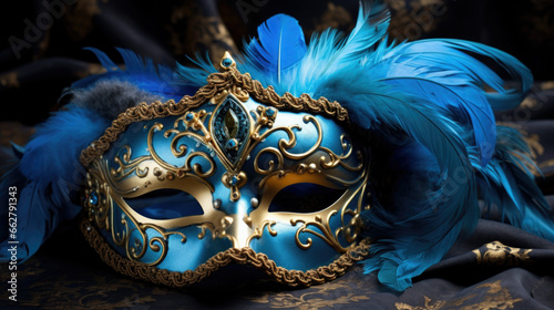 Blue and gold Venetian carnival mask with feathers, copy space.