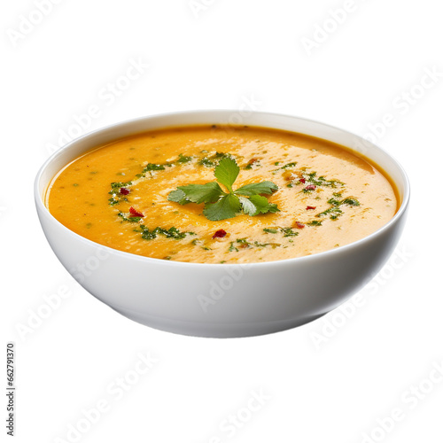 pumpkin soup with greenery isolated on white background, ai generated