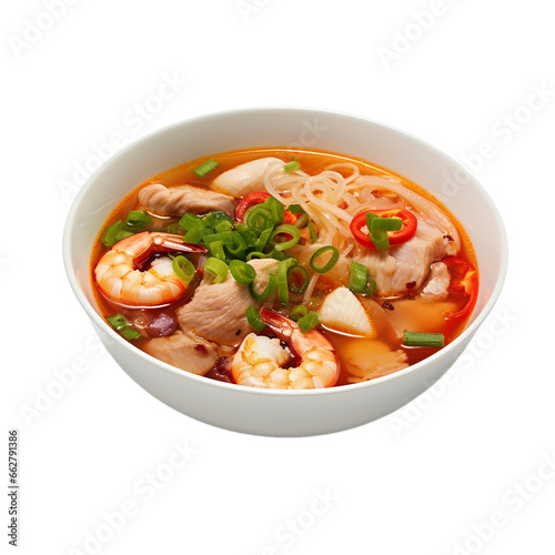 spicy tom yum with shrimps isolated on white background, ai generated