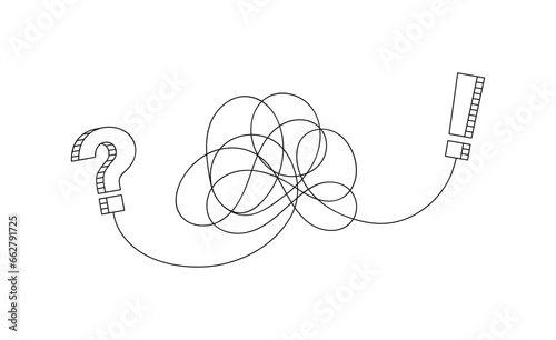 FAQ concept, search the answer. Question mark and exclamation mark connected by a tangled line. Concept of question, answer, search. Vector illustration