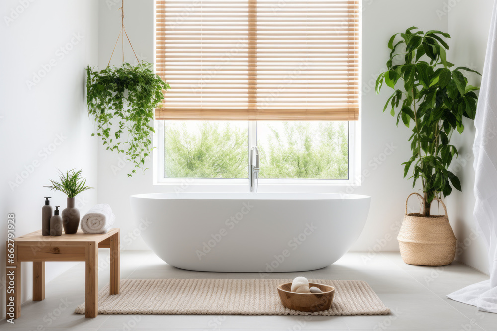 Fototapeta premium A sanctuary of relaxation with white subway tiles, accented with touches of natural wood. A freestanding bathtub under a window, perfect for soaking while admiring nature.