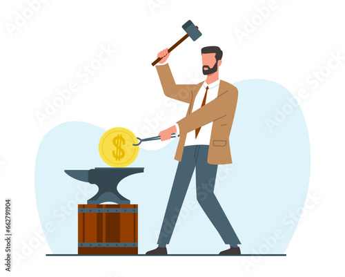 Businessman forges money on anvil. Employee or entrepreneur make coins. Profit and income. Investment and cryptocurrency mining, blacksmith forging cartoon flat isolated vector concept