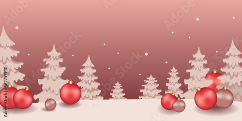 Winter landscape in a flat style in shades of pink for postcards and banners. Christmas landscape. Vector illustration.