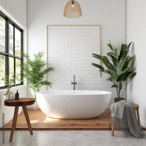 A sanctuary of relaxation with white subway tiles  accented with touches of natural wood. A freestanding bathtub under a window  perfect for soaking while admiring nature.