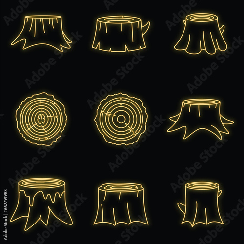 Stumps tree log wood icons set. Outline illustration of 16 stumps tree log wood vector icons neon color on black