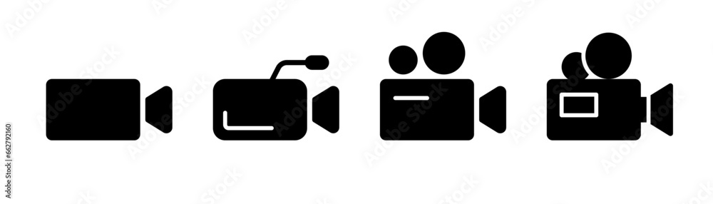 Video camera glyph icon. Movie camera icon set. Video camera symbol in glyph. Black cinema sign. Stock vector illustration.