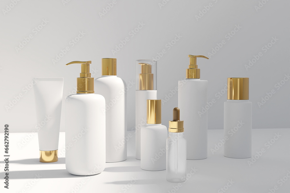 White golden luxury cosmetic bottles isolated on white background with shadow, 3d render