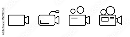 Video camera line icon. Movie camera icon set. Video camera symbol in line. Outline cinema sign. Editable stroke. Stock vector illustration.