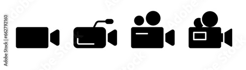 Video camera glyph icon. Movie camera icon set. Video camera symbol in glyph. Black cinema sign. Stock vector illustration.
