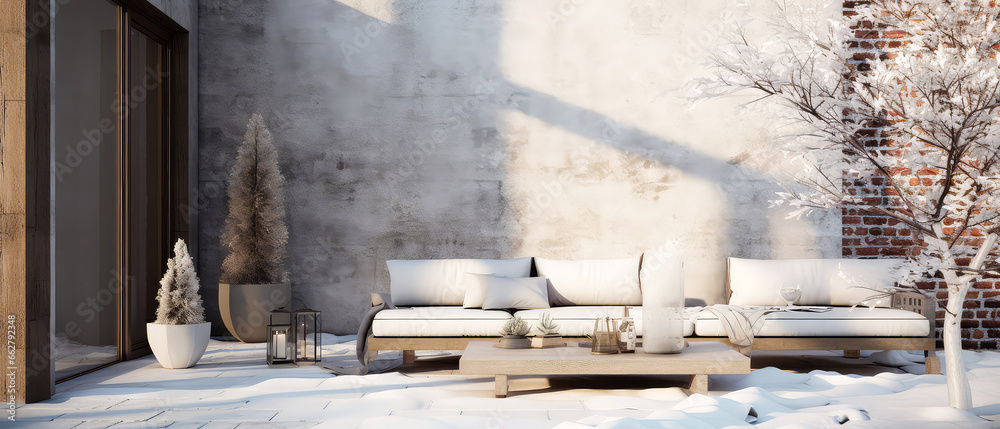 Obraz premium Winter, snowy patio of suburban penthouse. Luxury exterior design scene.Villa facade, backyard terrace, with couches and lounge chairs. Vacation, wellness, resort, hotel, penthouse.Generative ai