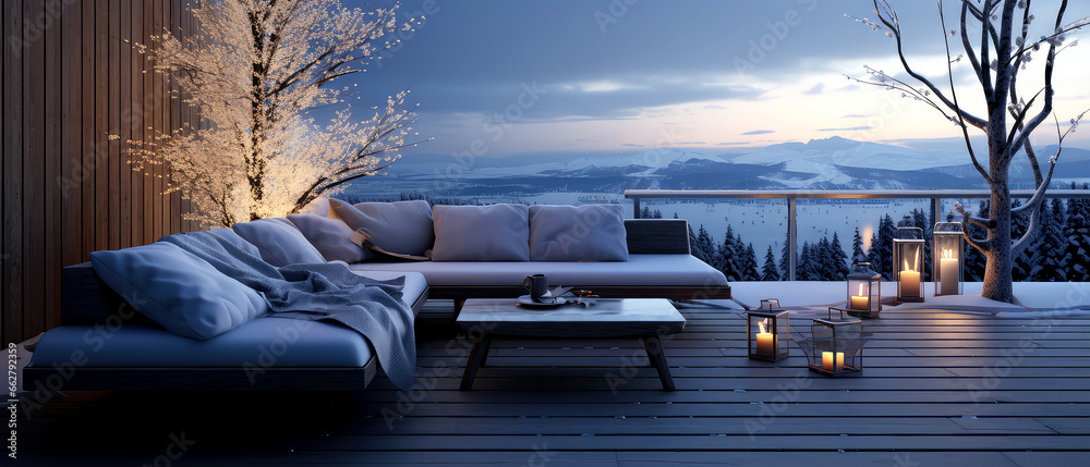 Winter, snowy terrace on roof of suburban house. Luxury exterior design scene.Villa facade, backyard with couches and lounge chairs. Vacation, wellness, resort, hotel, penthouse.Generative ai