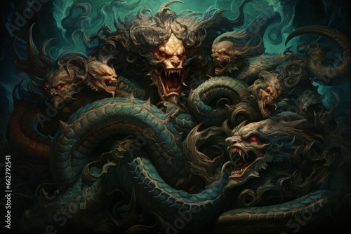 Ancient sea serpents, guardians of hidden treasures beneath the ocean depths - Generative AI © Sidewaypics