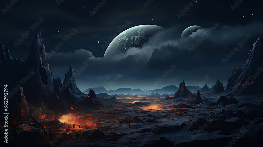 Produce an image of a surreal and otherworldly lunar landscape, with a barren expanse of craters and rock formations under an alien sky, evoking the intrigue and mystery of lunar exploration