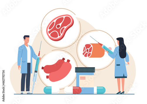 Gmo farmed meat in medical lab Injecting antibiotics, hormones into meat. Scientific research. Modified food biotechnology, cartoon flat isolated illustration. Vector bioengineering concept
