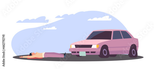 Guy injured in traffic accident lies unconscious in pool of blood on street. Car hit man. Auto accident. transport collision with character. Cartoon flat style isolated vector concept