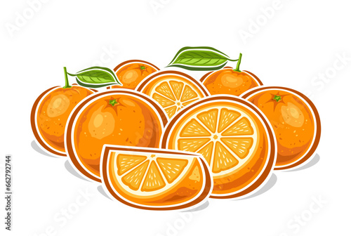 Vector logo for Oranges, decorative horizontal poster with cartoon design fruity orange still life composition, fruit print with whole and chopped juicy parts of ripe raw oranges with green leaves