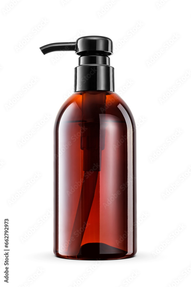Amber brown pump plastic bottle of liquid soap isolated. Transparent PNG image.