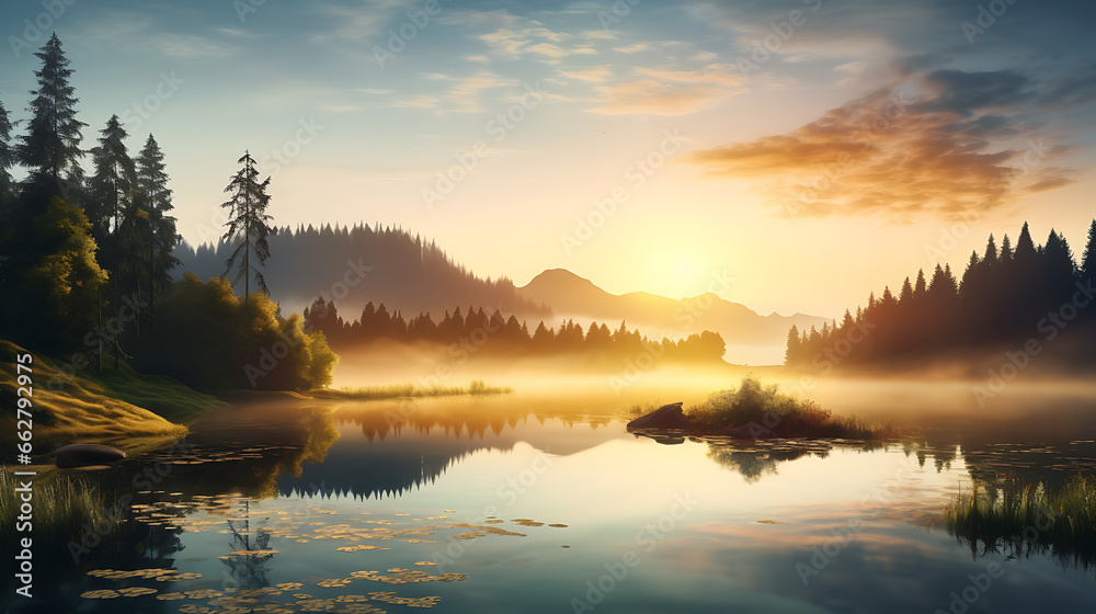 Fototapeta premium Craft a scene of a serene and reflective lake surrounded by autumn foliage, with vibrant colors mirrored in the calm water, illustrating the beauty and tranquility of fall landscapes