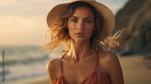 Obraz na plátně Portrait of beautiful woman in swimwear posing on the beach in sunset light