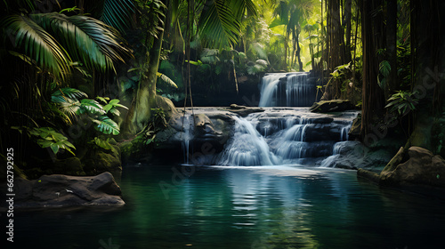 Capture a moment of a pristine waterfall hidden within a lush jungle, with clear water cascading into a tranquil pool, surrounded by vibrant vegetation, showcasing the purity and vitality of tropical 