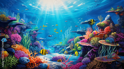 Craft a scene of a colorful and vibrant coral reef teeming with marine life, from colorful fish to graceful sea turtles, illustrating the diversity and vibrancy of underwater ecosystems