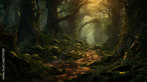Capture a moment of a serene and misty forest at dawn  with ancient trees  dew-laden spiderwebs  and an ethereal atmosphere  evoking the enchantment and tranquility of foggy woodlands