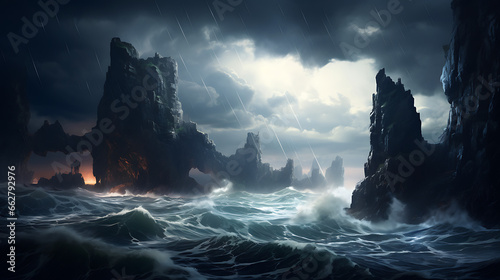 Design an image of a rugged coastal cliff with crashing waves below, dramatic sea stacks rising from the ocean, and a stormy sky overhead, conveying the raw power and breathtaking drama of coastal sce