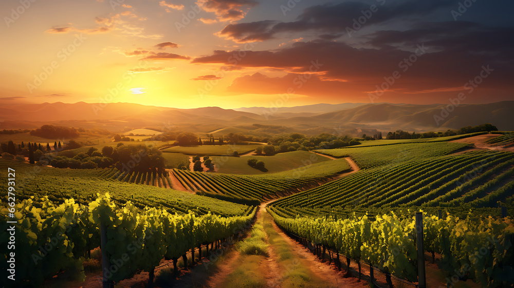 Create an image of a rolling vineyard with rows of grapevines under a golden sunset, capturing the picturesque beauty and agricultural tradition of wine-producing regions