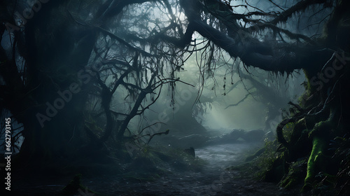 Capture a moment of a serene and misty forest at dawn, with ancient trees, dew-laden spiderwebs, and an ethereal atmosphere, evoking the enchantment and tranquility of foggy woodlands