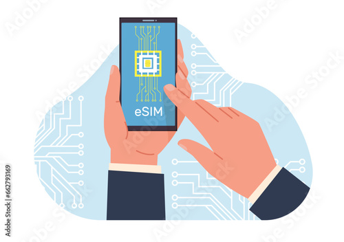 Hands holding cell phone with an eSIM chip. Embedded sim card on smartphone. New digital technology. Cellphone with integrated circuit card. Cartoon flat style isolated vector concept