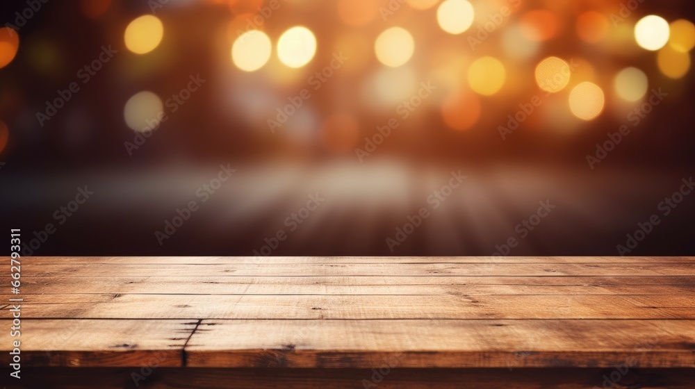 The empty wooden table top with blur background