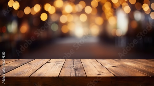 The empty wooden table top with blur background