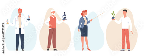 Male and female teachers. Chemist, biologist and physicist, school mathematics and languages. People hold microscope pointer and chemical reagents. Cartoon flat style isolated vector set